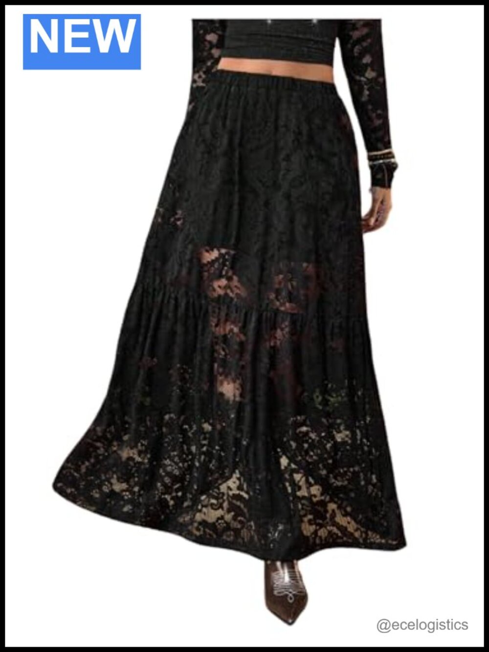 Sheer Boho Maxi Skirt with Contrast Lace and Ruffle Tiered - Elastic Waist